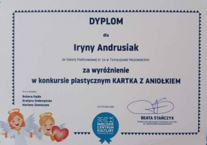 Dyplom dla Iryny Jędrusiak za udział w konkursie.