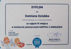 Dyplom dla Damiana Dziubka za zajęcie III miejsca w konkursie plastycznym.
