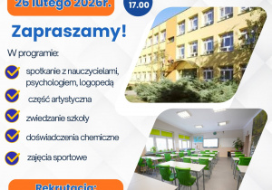 Plakat informujący o dniu otwartym szkoły 26 lutego i oróżnych atrakcjach jakie czekają w szkole.