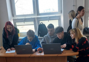 Uczniowie siedza za komputerem i zakładają swoją firmę podczas warsztatw ekonomicznych.