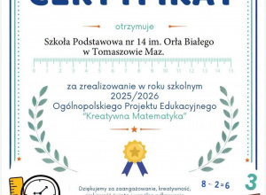 Ogólnopolski certywifikat za udział w programie "Kreatywna Matematyka"