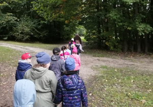Dzieci idą w parach ścieżką prowadzącą do lasu. W tle las.