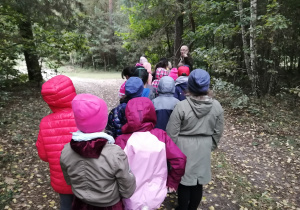 Dzieci stoją na lesnej drodze zasypanej żółtymi liśćmi Przed nimi leśniczy coś cos pokazuje. W tle i po bokach drzewa.