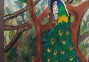 Praca plastyczna wykonana pastelami. Na pracy namalowany paw siedzący na gałęzi.