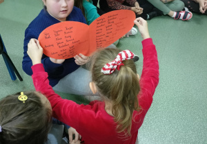 Grupa dziewczynek siedzi na podłodze. Dziewczynka w czerwonej bluzce siedzi przed dziewczynkami i trzyma w rękach duże czerwone serce. Na sercu są napisane imiona męskie.
