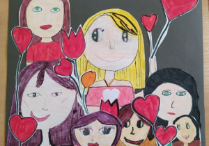Kolorowa laurka dla A-K-owca przedstawiająca narysowane dziewczynki z balonikami w kształcie serc.