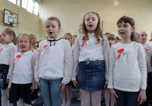 Na pierwszym planie stoją uczniowie ubrani na galowo. Każdy ma przypiety kotylion w barwach narodowych.