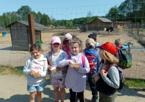 Grupa dzieci stoi na tle ogrodzenia z siatki. Za ogrodzeniem znajdują się strusie i drewniane budki.