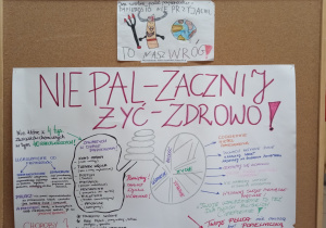 Tablica korkowa z dwoma plakatami wykonanymi przez dzieci.