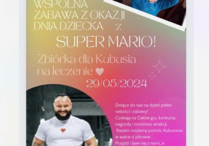 Plakat zapraszający na spotkanie z Super Mario.