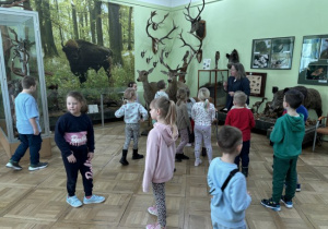 Dzieci zwiedzają w muzeum wystawę przyrodniczą